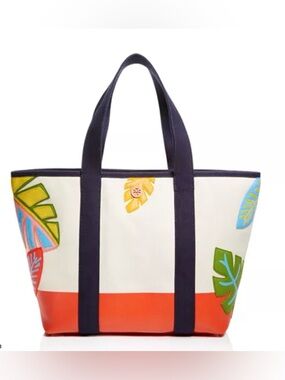Tory Burch Canvas Tote Bag with Tropical Appliqué - Navy, White & Orange